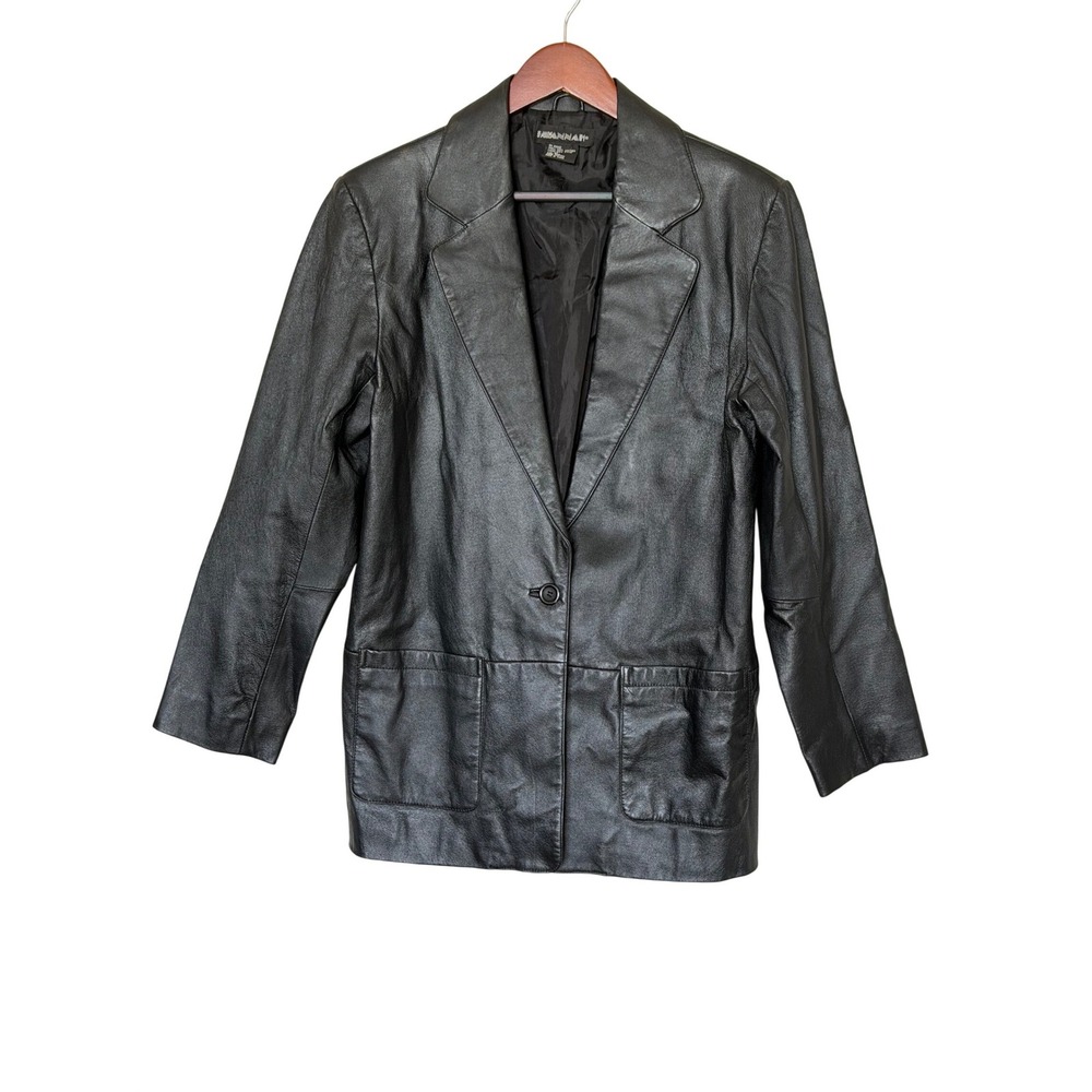 Savannah Leather Blazer Women 10 Black Single Button Vintage Patch Pocket Jacket